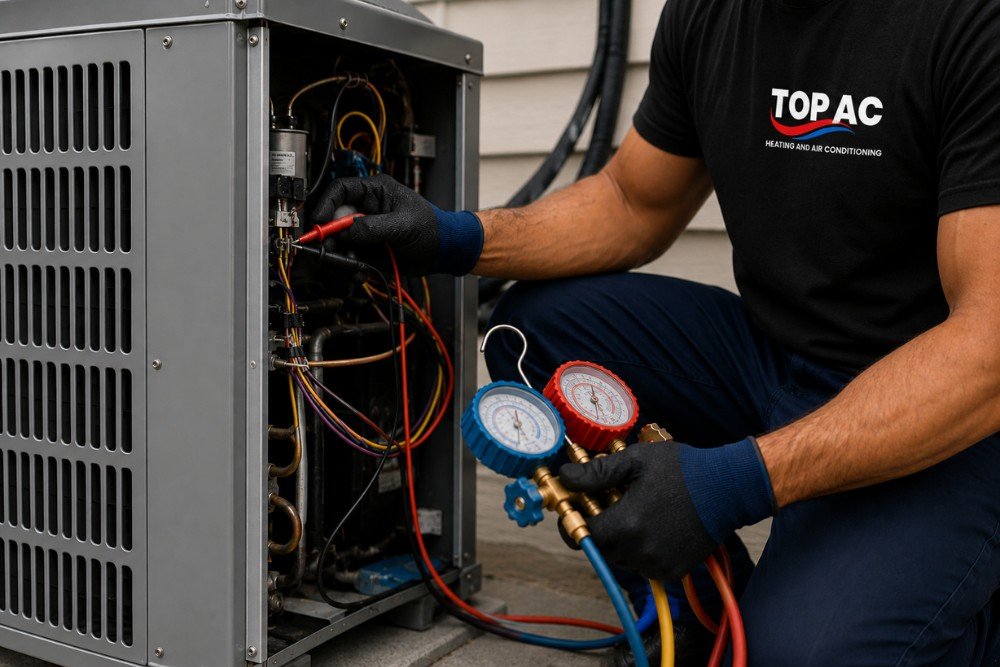 TOP AC technician diagnosing an air conditioning unit in Los Angeles