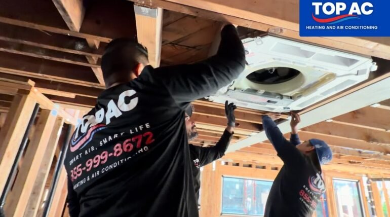 HVAC technician repairing air conditioner at a West Hills CA home in summer