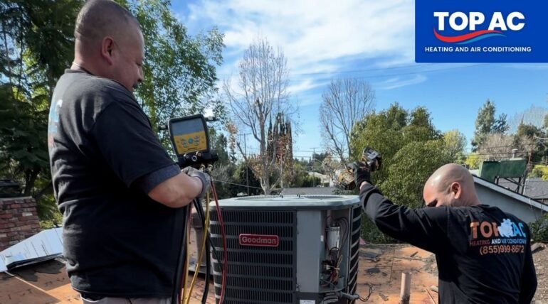 AC technician repairing a residential unit in Burbank, CA