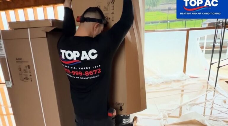 HVAC technician servicing a duplex system in North Hills, CA