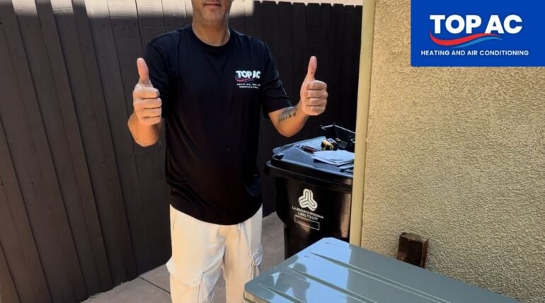 HVAC technician servicing a residential system in Thousand Oaks, CA