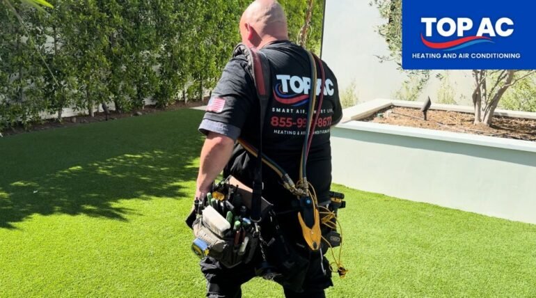 HVAC technician inspecting a system at a Craftsman-style home in Pasadena, CA